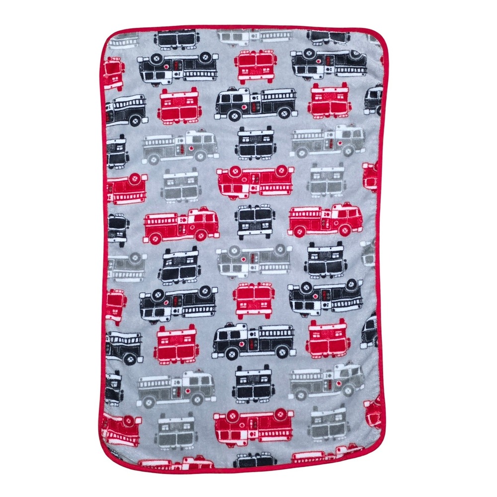 Carters Fire Truck Plush Fleece Baby Blanket Grey Red Black 30x44 Nursery